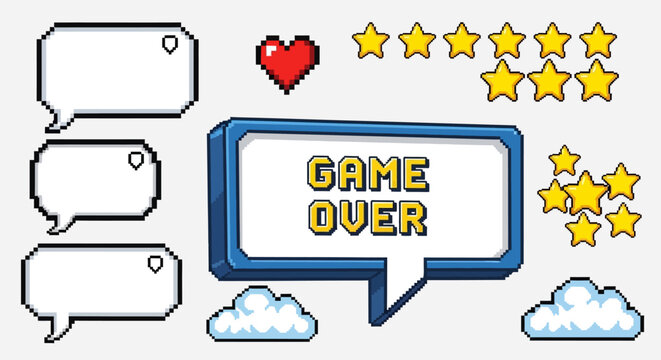Set of pixel art speech bubbles, stars, heart and cloud shapes. Retro game style dialogue box and elements. Modern vector illustration