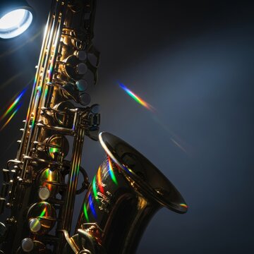 Artistic close up of a jazz instrument featuring vibrant prism light refraction and motion blur under a bright spotlight in the dark, performance, spectrum, energy