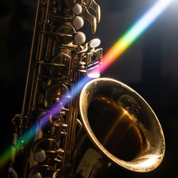 Artistic close up of a jazz instrument featuring vibrant prism light refraction and motion blur under a bright spotlight in the dark, shadow, macro, creative