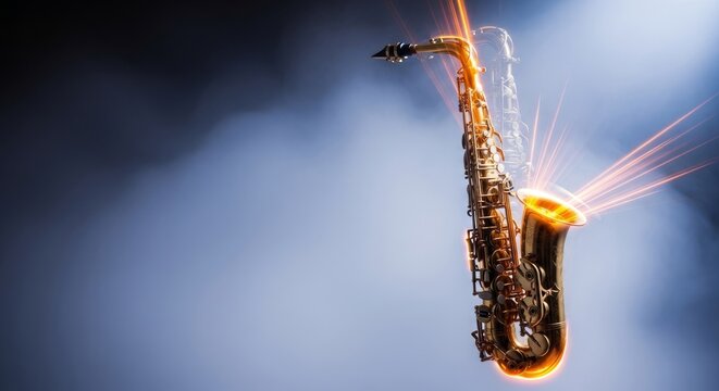 Artistic depiction of a saxophone in a misty music studio featuring expressive motion blur and radiant glowing highlights on the brass, jazz, dark, brass