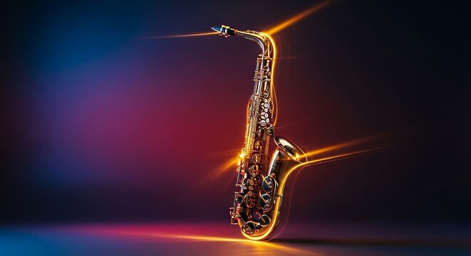 Artistic musical scene featuring a brass saxophone with luminous golden highlights, long exposure blur trails, and a deep moody atmosphere, blur, energy, saxophone