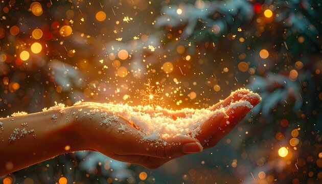 A hand holds glowing snowflakes with a blurred snowy background