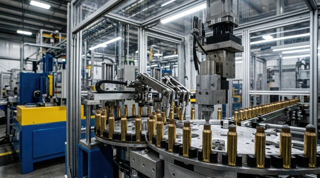 Medium shot capturing automated machinery inserting primer compounds into cases emphasizing efficiency and consistent quality control in a modern industrial setting.