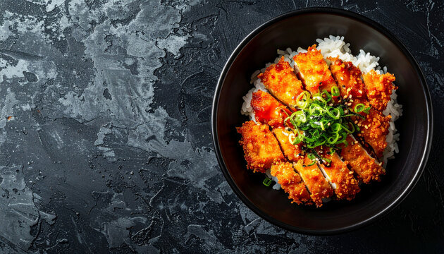 カツ丼の俯瞰構図と黒背景の和食フード素材