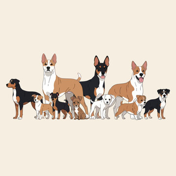 Illustration of a diverse collection of purebred dogs and puppies, including Basenjis and terriers in various poses, standing and sitting on a plain beige background.