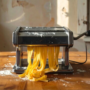 A pasta machine on a wooden table making fresh spaghetti