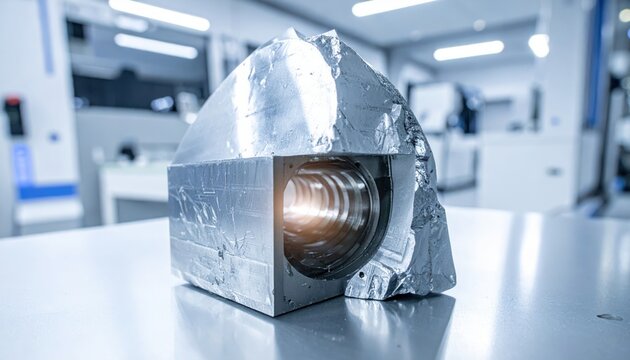 Partially sliced crystalline silicon ingot reveals intricate metallic internal structure in a high-tech laboratory setting