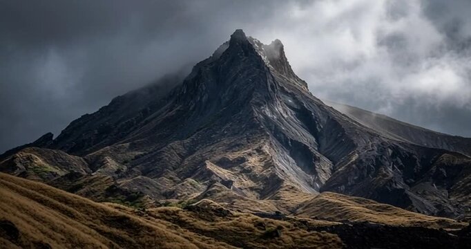 Volcanic peak with steam, dramatic clouds, rugged terrain. A stark, dramatic landscape. An ashy, rocky peak vents voluminous, dark steam and clouds under a brooding sky