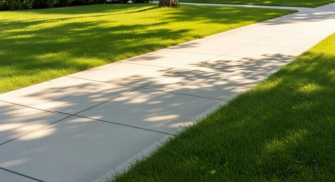 A bright concrete sidewalk stretches along a lush green lawn under the warm sun, featuring soft dappled shadows from leafy trees nearby, slabs, gray, street