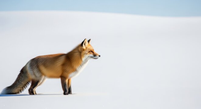 A bright red fox stands perfectly still in a vast snowy field, its head turned sharply toward the right side of the frame in profile, view, red, focus