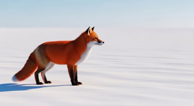 A bright red fox stands perfectly still in a vast snowy field, its head turned sharply toward the right side of the frame in profile, view, still, seasonal