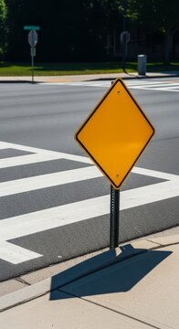 A bright yellow diamond shaped warning sign stands on a suburban street corner near a painted crosswalk on dark asphalt under daylight, educational, asphalt, vehicle