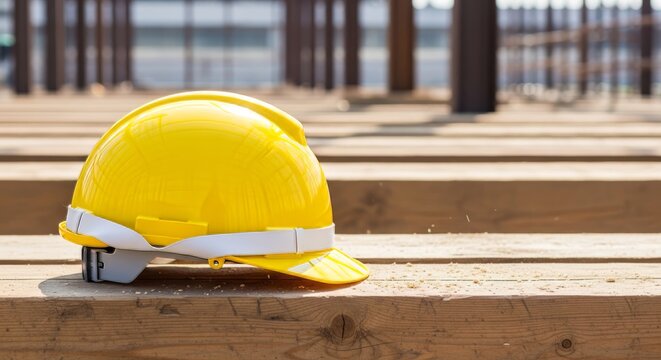 A bright yellow industrial safety helmet rests on a wooden surface within a construction zone, symbolizing workplace security and protection, hardhat, surface, task