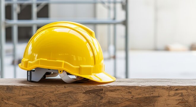 A bright yellow industrial safety helmet rests on a wooden surface within a construction zone, symbolizing workplace security and protection, reliability, helmet, safety