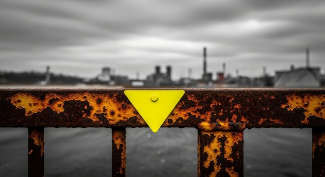 A bright yellow triangular metal plate sits mounted on a rusty iron fence overlooking a restricted industrial zone under a grey cloudy sky, construction, pole, caution