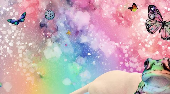Whimsical Animal Fantasy Illustration - A playful and colorful digital artwork featuring a puppy kitten bunny frog dragonfly and butterfly amidst a vibrant cosmic background