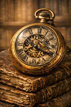 Antique Gold Pocket Watch Resting on Stacked Leather Books
