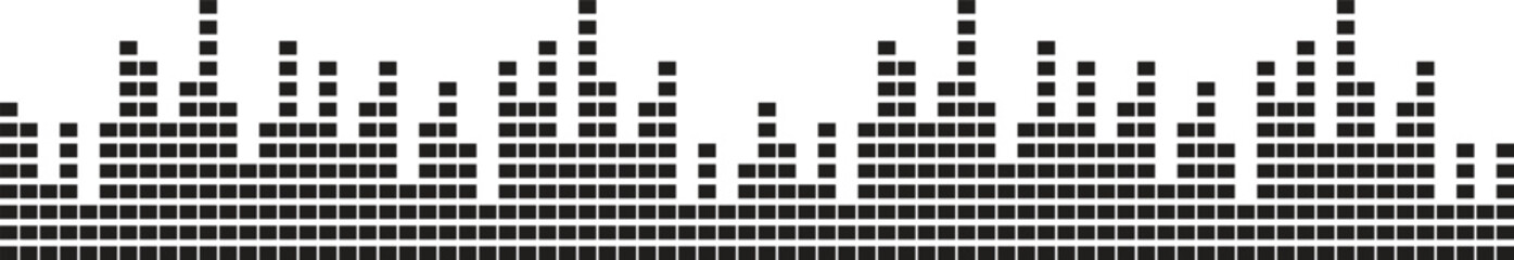 Abstract audio equalizer bars forming a city skyline waveform pattern. Minimal pixel style vector representing music sound levels and rhythm visualization. Clean modern design for DJ branding posters  © Parul