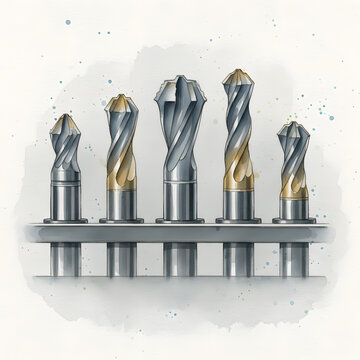 Collection of Industrial Drill Bits in Watercolor Style