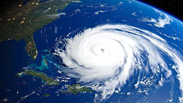 A large storm system swirling over a planet with visible landmasses and oceans in space