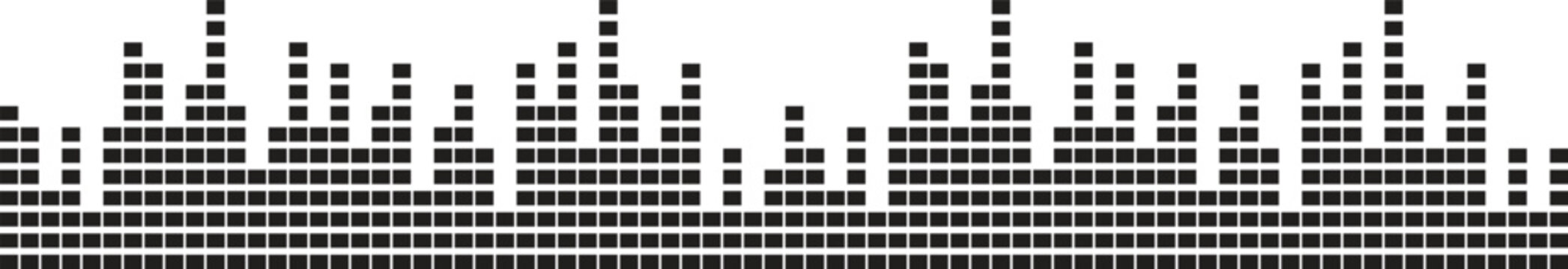 Abstract audio equalizer bars forming a city skyline waveform pattern. Minimal pixel style vector representing music sound levels and rhythm visualization. Clean modern design for DJ branding posters 