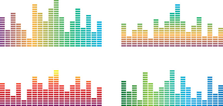 Colorful audio equalizer bar sets with vibrant gradient spectrum variations. Modern vector sound wave visualization for music apps DJ interfaces and digital media projects. Clean minimal design 
