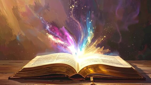 An open book with glowing pages on a wooden table with a colorful background design