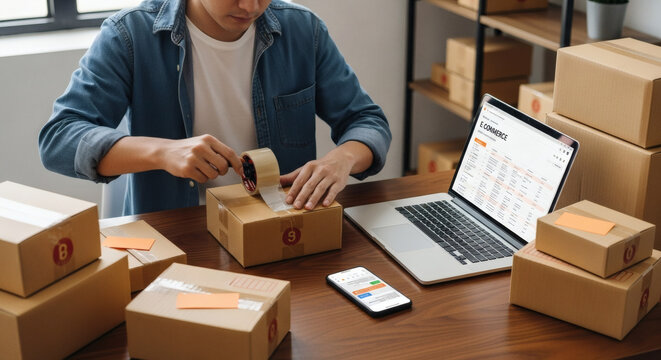Close Up Man Taping Parcel Boxes for Online Shop Delivery Service