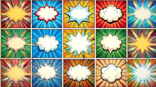 Colorful comic book panels with speech bubbles and starburst backgrounds are shown here