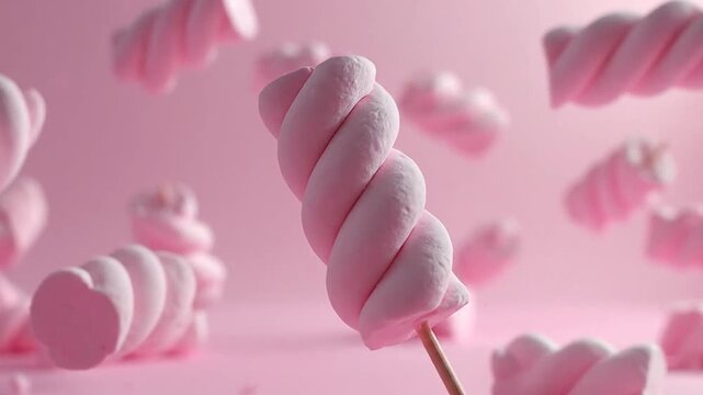 Delicious pink twisted candies on sticks are floating in the air against a pink background