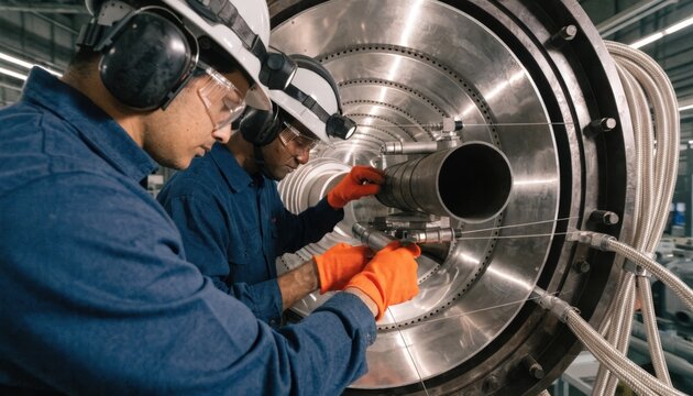 Medium shot capturing modular sound moderator baffle assembly with technicians aligning interchangeable internal components and tubes for customizable suppressor configurations