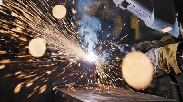 Close-up of an industrial welder wearing a protective helmet and gloves while using a torch to weld metal, producing a spray of bright orange sparks and smoke in a factory setting.