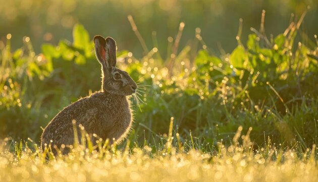 A Wild Rabbit Bathed in Golden Sunlight in a Lush Meadow.
