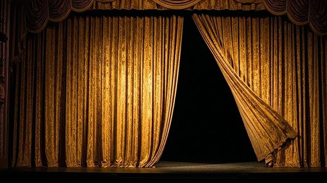 A golden theater curtain is partially open, revealing a dark stage and dramatic lighting effects