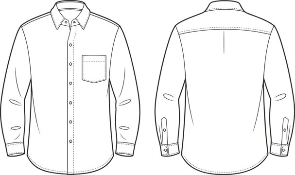 Flat vector button-up shirt design, collar, pocket, cuffs, back yoke