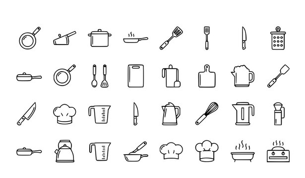 Kitchen utensil line icons set with cooking tools and culinary elements minimal outline vector collection