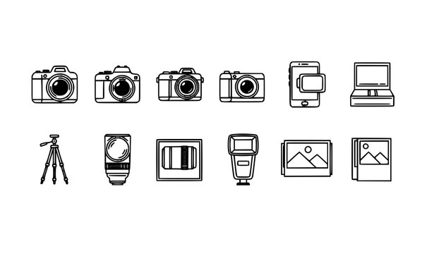 Black line photo vector icons set with 12 camera and photography illustrations on white background