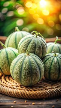A photo of a pile of fresh green bitter melons on a woven tray The melons are ripe and ready for harvest