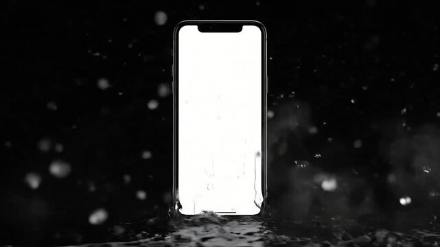 A generic smartphone with a blank screen is splashed with water against a black background