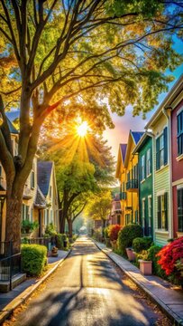 A photo of a bustling residential street with vibrant trees lining both sides, framed by colorful houses with shutters and gardens in the background