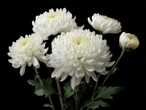 White chrysanthemum flowers in bloom against a black background