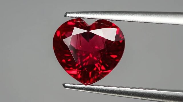 A beautiful, heart-shaped, red gemstone is held by a pair of metal tweezers against a gray
