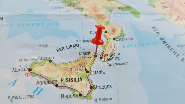 View of Messina, is a harbour city and the capital of the Italian Metropolitan City of Messina, It is the third largest city on the island of Sicily, on a geographical map of Europa, marked with red p