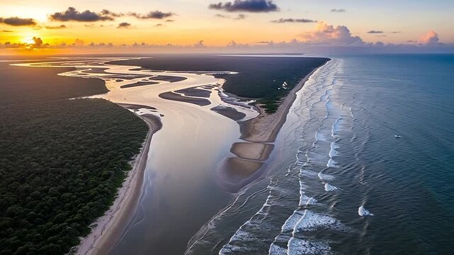 Aerial view of a scenic coastal landscape with a river flowing into the ocean at sunset