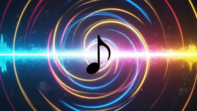 Abstract musical note symbol with colorful light circles and sound wave effect on dark background