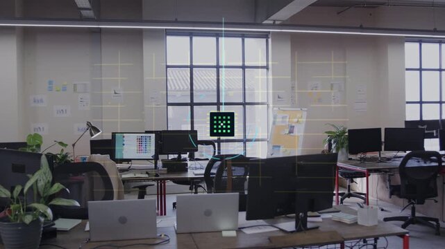 Central monitor displaying HUD with triangle appearing, square expanding, grid mapping desk data