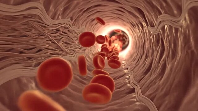 An abstract illustration of a biological structure with red spherical objects moving through it