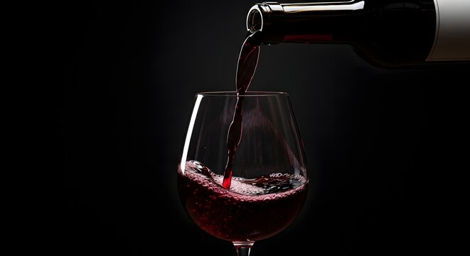 Red wine pouring from bottle into elegant glass on dark background, creating splash and movement.