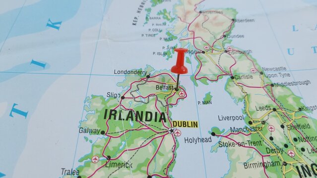 View of Belfast, is the capital city and principal port of Northern Ireland, on a geographical map of Europa, marked with red push pin