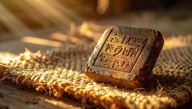 An ancient Indus Valley square steatite seal with intricate script symbols, a historical artifact.